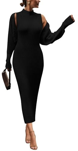 PRETTYGARDEN Women's Fall 2 Piece Outfits Knit Long Sleeve Cropped Cardigan Pullover Sweater Maxi Dress Sets Winter Clothing (Black,Large)