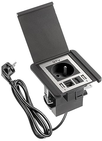 GTV - Möbelsteckdose FLIP, Einbausteckdose, 1x French Steckdose, 2X USB A, 1x RJ45, 1x HDMI, Kabellänge 1,5m, Farbe Schwarz, für Schreibtische, Tischplatte, Küchen und Büro