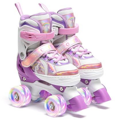 OLYSPM Rollschuhe Mädchen,Rollschuhe Kinder,4 Größen Einstellbare Rollschuh mit 8 Blinkenden Rädern für Jungen,Mädchen,Anfänger(Violett,M)