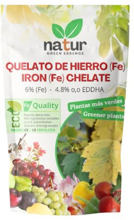 Natur, QUELATO DE HIERRO EDDHA para plantas, Reverdeciente Anticlorosis, Nutriente imprescindible, Fertilizante ecológico, Concentración ideal (6% Fe EDDHA o,o 4,8%), Plantas Verdes y Sanas, 100g