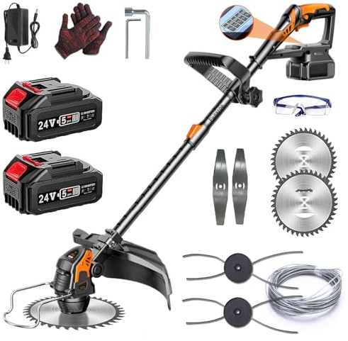 Akku Rasentrimmer mit Akku und Ladegerät, 24V Elektro Motorsense mit 2 Akku, 3-In-1 Freischneider Akku, Teleskopierbar, 90° Drehung, für Garten und Rasenmähen