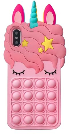 Asgens Fidget Pop Fodral för iPhone X/XS,Söt Härligt Ljusrosa Magic Unicorn Tryckavlastande Fidget Push Bubbles Silikon Mjukt Telefonfodral för Apple X/XS 5.8 Tum