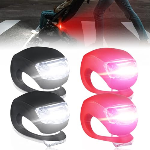 BAIFULAI 4 Stück Kinderwagenlicht, Kinderwagen licht Silikon mit heller LED und 3 Leuchtfunktionen, Wasserdichte licht kinderwagen, Mehrzweck kinderwagenlichter für Kinderwagen, Outdoor(rot+schwarz)