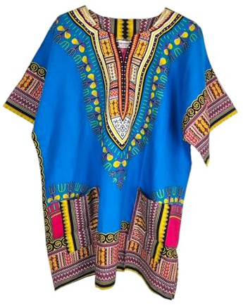 KIRAN FASHION Nouveau 100% coton unisexe Dashiki Afrique Tribal Print Festival Kaftan Blouse d'été Top, bleu, One Size Plus
