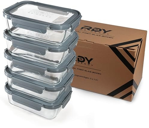 RDY® Meal Prep Lot de 5 boîtes de conservation en verre hermétiques avec couvercle, pour micro-ondes, four, congélateur, sans BPA, passe au lave-vaisselle, 1500 ml