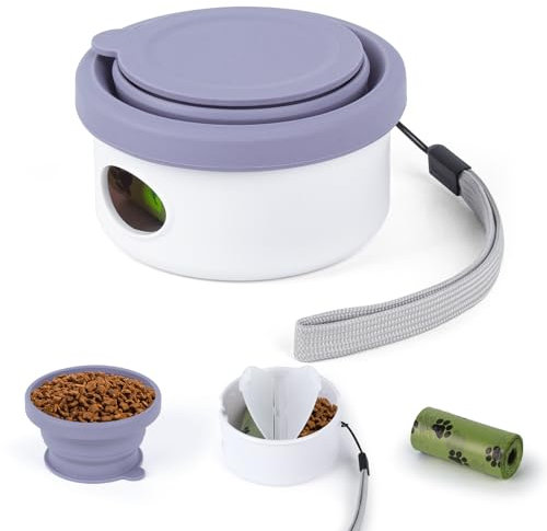 3-in-1 Collapsible Dog Bowls, Portable Pet Travel Bowls, Silicone Dog Food & Water Dish Bowl with Poop Bags, Multifunctional Pet Foldable Feeding Water Bowl for Walking Hiking Traveling Camping,Purple