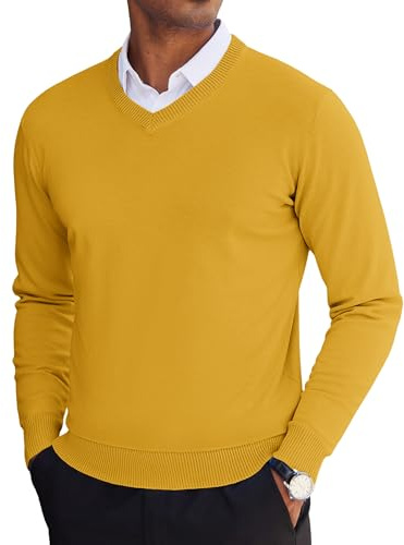 COOFANDY Men's V Neck Pullover Sweater Long Sleeve Casual Dress Sweater Slim Fit Knit Cashmere Lightweight Thin Sweaters Yellow Mustard Large