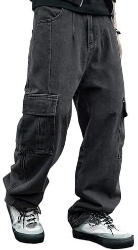 Mens Y2k Hip Hop Demin Cargo Jeans Loose Fit Grunge Jnco Jeans, Dark Gray, XL