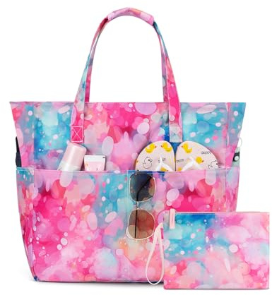 KABAQOO Bolsa de Playa XXL Familiar con Cremallera y Compartimento Impermeable, Bolsa Piscina Mujer Bolso de Mano Shopper Grande Plegable y Ligero para Viajes y Natación, Rosa neón | Con pequeña bolsa de maquillaje y bolsillos, para mujeres y hombres, impermeable, a prueba de arena, plegable
