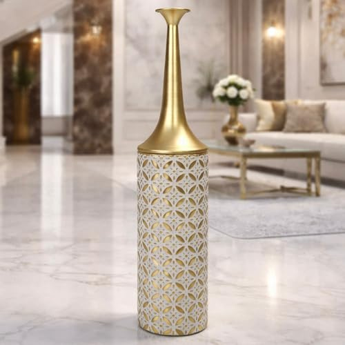 Leewadee Gran Jarrón de Suelo 14 x 65 cm - Alto Jarrón de Metal en Dorado para Decoración Hogar