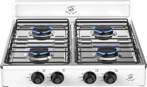 Royal Swiss® Réchaud à Gaz 4 Feux LPG – Cuisinière Gaz Portable 2,2 kW, Brûleurs Aluminium, Stable & Sécurisée, Camping, Jardin, Food Truck, Maison