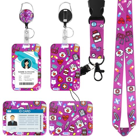 Ausweishülle mit Band – Kartenhülle mit Band & Ausweishalter Ausziehbar, Lanyard mit Kartenhülle für Büro, Schule, Events – Robust, Sicherer Kartenhalt, Bequem Tragbar (Krankenschwester Lila)