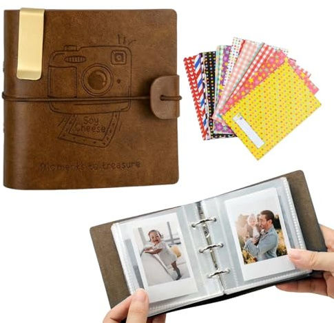 Album Photo, Petit Album Photo, 50 Pages pour 100 Photos, Inclus Clip Décoratif en Métal et 20 Autocollants Décoratifs, Compatible avec Mini 7s, 8, 8+, 9, 25, 50, 70, 90, Mini 3 Pouces Film, Brun