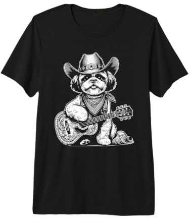 Cowboy Shih Tzu Jouant de la Guitare Musicien Chien Western T-Shirt Haut de Gamme