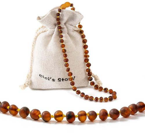 Bärnstensfärgat halsband(Unisex)(Cognac Raw) - 35cm lång - 100% naturliga & handgjorda bärnstensfärgade smycken