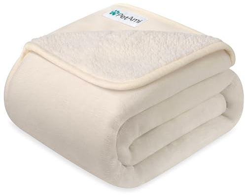 PETAMI Sherpa Fleece Waterproof CAT and Dog Blanket, Beige, Large