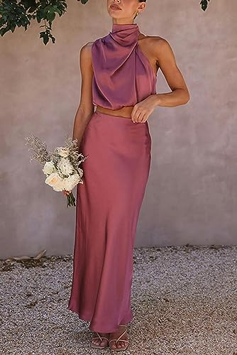 ARESU Ensemble de Jupe sans Manches en Satin de fête Dos Nu de Haute qualité à la Mode élégante célébrité boléro Jupe trapèze Ensemble Deux pièces pour Femme-Rose Rouge-S