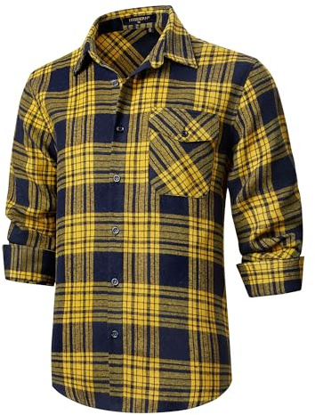 HISDERN Men's Long Sleeve Casual Plaid Flannel Shirt Checked Button Down Shirts Regular-Fit Blue/Yellow XL