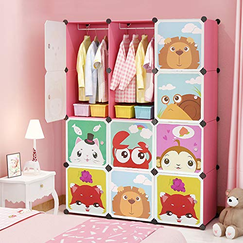 Kedia Kinderkleiderschrank, Schlafzimmerschrank, Modularer Kunststoffschrank mit Türen, Tragbarer Kleiderschränke, Garderobenschrank für Kinder (111 * 37 * 147cm rosa)