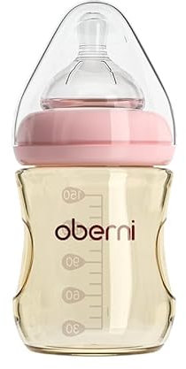 Oberni Baby Bottles 0-3 Months, Anti-Colic Baby Bottle with Size 1 Slow Flow Teat for Newborn Babies Milk Feeding, 150ml, Pink