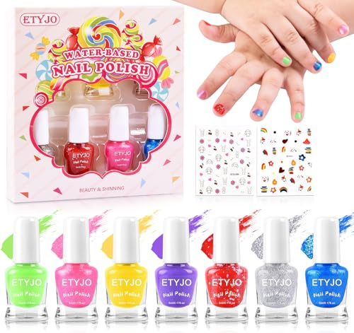 ETYJO Kids Nail Polish Sets - Non Toxic, 7 Rainbow Colors, Quick Dry Peel Off Nail Varnish for Girls & Teens Gift Kit