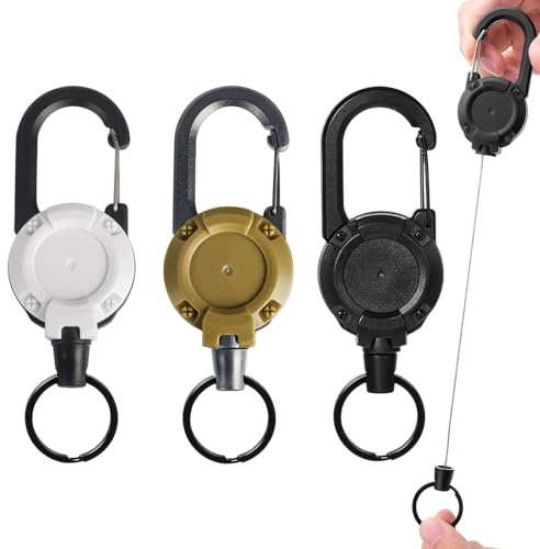 3 Pack Heavy Duty Retractable Keychain Retractable Lanyard with 60cm Steel Cord Extendable Key Chain Extendable Extendable Lanyard for Id Cards Keys And More for Outdoor(Khaki,Black,White)