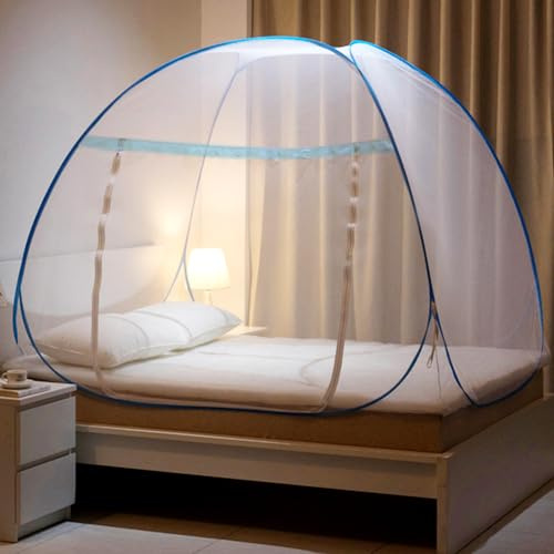 mizikuu Moustiquaire de Lit Pliable, Moustiquaire Pop-up pour lit Simple 120 * 200cm Portable de Voyage Fermeture à Glissière à Double Porte Camping Mosquito Rideau Tente, Jante Bleue