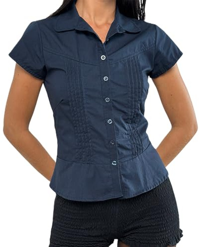 Women's Basic Button Down Shirts Cap Sleeve Lapel Collar Tight Blouse Tie Up Back Slim Fit Tops Summer Office Shirt (G-Dark Blue, S)