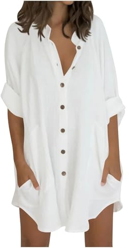Camicie lunghe da donna con maniche a 3/4, casual, con bottoni, collo alto, tunica top con tasca, camicetta estiva leggera in cotone e lino, copricostume da spiaggia da donna taglie forti 22/24