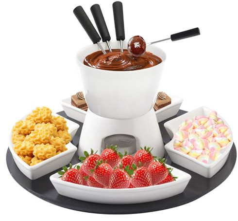 BOYIFEIJIE Set di fonduta di cioccolato in ceramica, con pallet di legno, 4 forchette, 4 piatti, fonduta di formaggio, fonduta di cioccolato, fonduta di cioccolato, per caramelle, formaggio, caramello