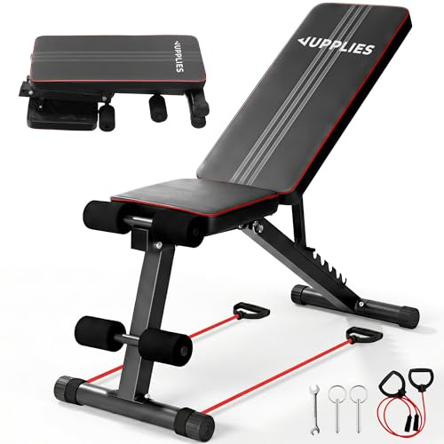 JUPPLIES Banco de Musculación Plegable con 7 Niveles y 2 Bandas de Resistencia – Soporta 250 kg con Respaldo ajustable y Diseño Compacto para Entrenar en Casa y Rutinas Fitness