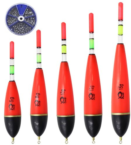 WestCH 5 Piezas Boyas de Pesca Set Flotadores de Pesca (5g, 8g, 10g, 12g, 15g) con 100 Piezas Plomos (0.2g, 0.3g, 0.4g, 0.6g, 0.8g) para Lucio Perca Carpa Ideal para Principiantes Profesionales