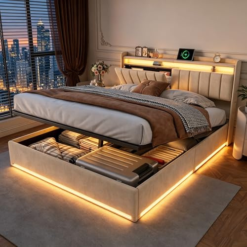 BRILVERDE Letto baule 160 x 200 con contenitore idraulico, con LED e USB, con rete a doghe e testiera imbottita, per adulti e adolescenti, velluto (beige, 160 x 200 cm)