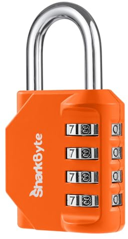 SharkByte Heavy Duty Combination Padlock – 4-Digit Weatherproof Outdoor Lock with Stainless Steel Shackle, Anti-Rust Resettable Code for Gym, School, Locker, Shed, Toolbox, Gate & Warehouse - Orange