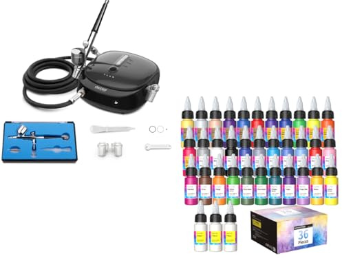 Oasser Pack Aérographe: Kit avec Compresseur Double Action et 36 Pièces Peintures (33 Couleurs & 3 Diluants) pour Modélisme, Nail Art, DIY, Tissu