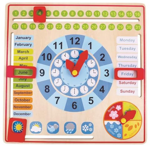 Tooky Toy TK15117 Holz Jahresuhr für Kinder, Lernuhr mit der Ihr Kind spielend leicht die Uhr, Wochentage, Monate, Jahreszeiten und das Wetter erlernen, 30 x 30 x 5 cm