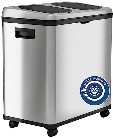 iTouchless 16 Gallon / 61L Stainless Steel Dual Compartment Sensor Kitchen Trash Can and Recycle Bin with Wheels – Rectangular Garbage Can with Touchless Motion Sensor Lid & Removable Inner Buckets