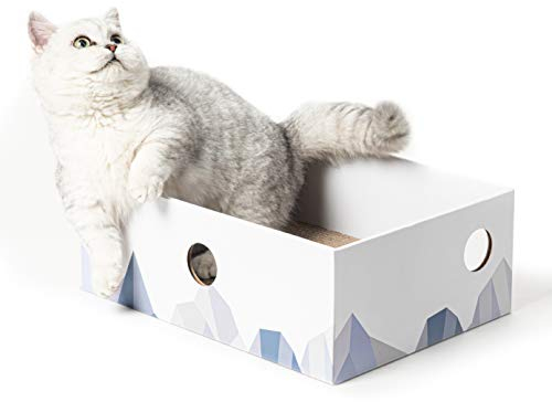 Conlun Kratzbrett Katze mit Box, Langlebige Kratzpappe für Katzen, Beidseitig Nutzbar, Interaktive Öffnungen, Sauberes Kratzmöbel für Wohnungskatzen (1 Stück, Mittel, Weiß)