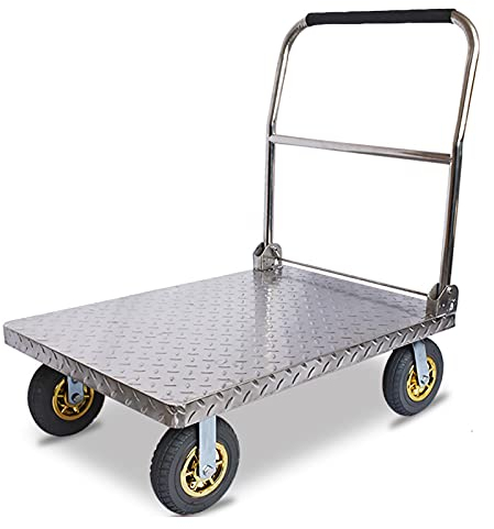 Chariot Plate-forme Camion de plate-forme en acier inoxydable pont grande capacité de charge et poignée pliable avec éponge Idéal pour le transport en mouvement intensif Pliable