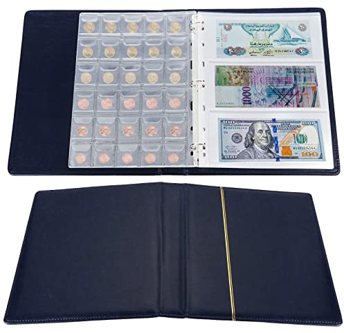 Fippy Album da Collezione di Monete e Banconote, 150 Tasche Raccoglitore Monete e 24 Tasche Porta Banconote, per Collezionare (Blu)