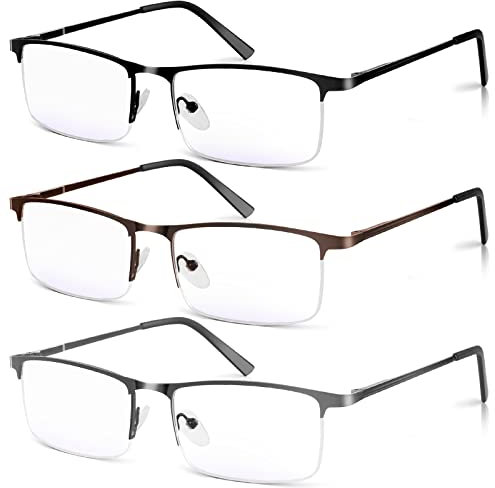 Xnourney 3 Pack Blue Light Blocking Reading Glasses for Men, Stylish Half Frame Metal Computer Readers, Lightweight Spring Hinge Eyeglasses Anti Eyestrain/Glare/UV (Mix Color, Black+Grey+Brown, 1.5)