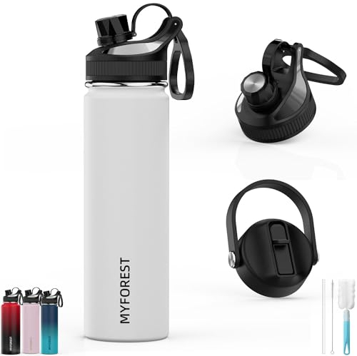 MYFOREST Edelstahl Trinkflasche 700ml, Auslaufsicher, Kohlensäure geeignet, Isolierte Thermosflasche mit Strohhalm & 2 Deckel，Thermosflasche mit Strohhalm für Sport, Fitness, Outdoor