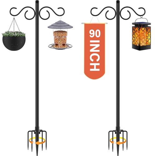 RCUICA Double Shepherds Hooks for Outdoor,2 Pack 90 Inch Bird Feeder Pole with 5 Prongs Base,Heavy Duty Shepherds Hook,Suitable for Garden in Hanging Flower Basket,Lantern,Bird Nests (90 Inch)