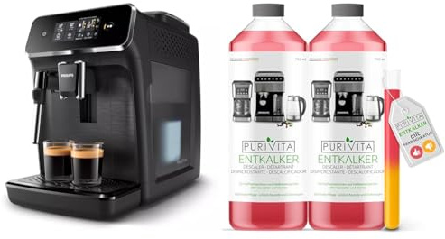 Philips Series 2200 Kaffeevollautomat – Klassischer Milchaufschäumer & Purivita - Universal Entkalker 750 ml für Kaffeevollautomaten - Für alle bekannten Marken geeignet, 2 Flaschen