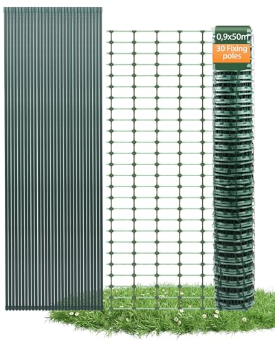 Ezcasch 50m Mobiler Begrenzungszaun Hühnerzaun (100g/㎡ 0.9m Hoch) Camping Hundezaun Gartenzaun Schneidbarer Absperrzaun für Kleintiere Geflügelzaun inkl. 30x Stahlpfähle & 200x Kabelbinder