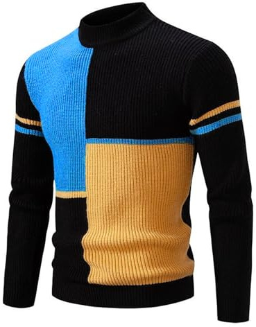 crazy bean Jersey de Cuello Vuelto y Manga Corta Hombre de Punto Patchwork Suéter Cuello Alto Hombre Manga Larga Invierno Pullover Termica Slim Fit Top Negro XL