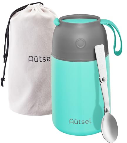 Autsel Thermobehälter für Essen 700 ml, Edelstahl Warmhaltebehälter Thermobecher, Thermo Essensbehälter mit Löffel und tragbaren Isolierbeutel