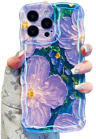 UEEBAI Case for iPhone 16 Pro 6.3, Glossy Oil Painting Flower Pattern Case, Curly Wave Frame, Cute Pretty Aesthetic, Lens Protection Screen anti-scratch Cover for Girl Women - Purple Flower