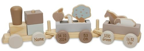 Elefantasie Spielzeugeisenbahn Holzzug für Kinder ab 12 Monate, personalisierbar mit Name und Geburtsdaten beige
