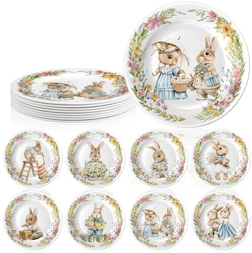 LOYIM 8 platos de ensalada de conejo de Pascua, platos de postre de 10 pulgadas, diseños surtidos, platos multicolores, vajilla de conejo de Pascua para regalo de Pascua, ensalada, aperitivo (bonito)